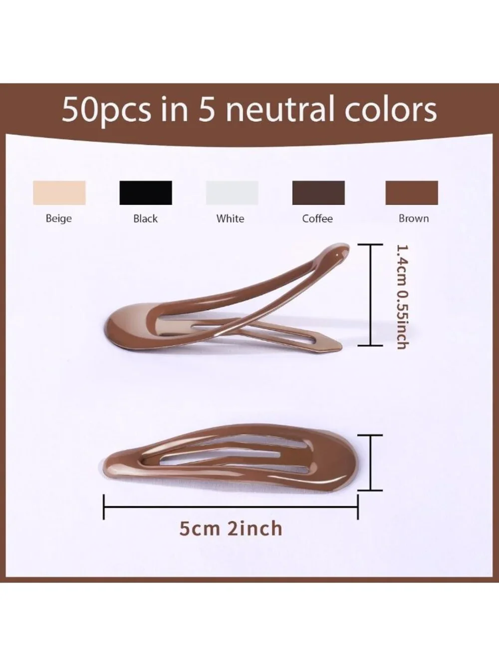 50Pcs Mixed Color Snap Hair Clips for Women - 2 Inch Metal Barrettes, 5 Colors
